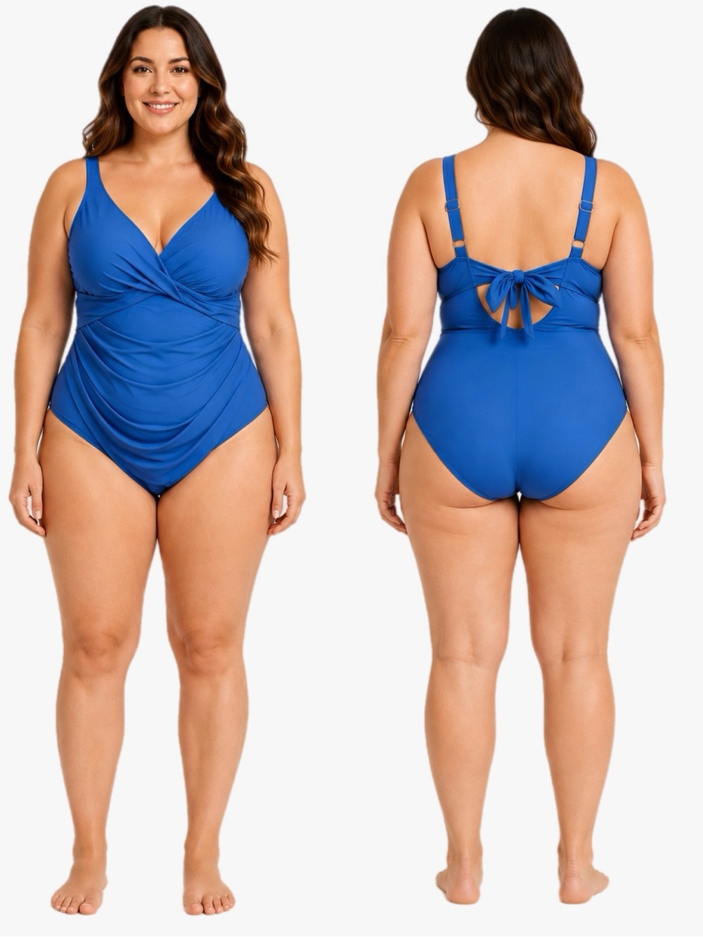 NWT Eomenie Blue One Piece Swimsuit Ruched Tummy Control Tie Back Size Large